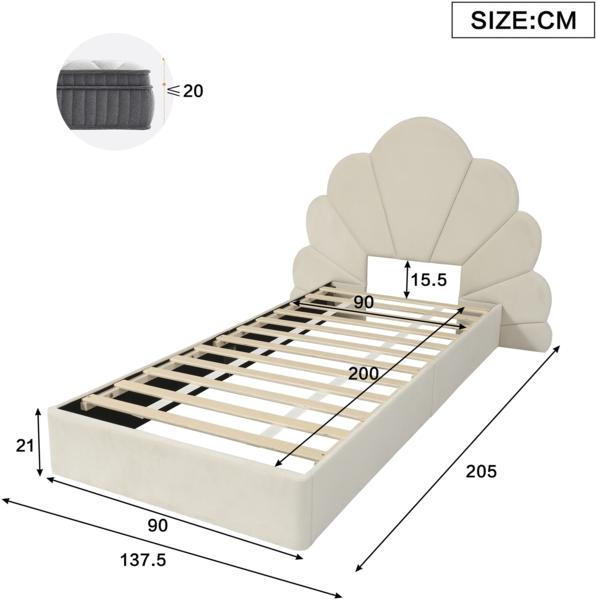 Polsterbett, Einzelbett mit geschwungenem Blütenblatt-Kopfteil einfach stilvoll und bequem modernes Bettgestell, Samt, Beige, 90x200cm Bild 6