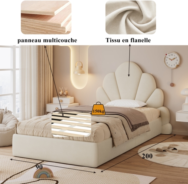 Polsterbett, Einzelbett mit geschwungenem Blütenblatt-Kopfteil einfach stilvoll und bequem modernes Bettgestell, Samt, Beige, 90x200cm Bild 8