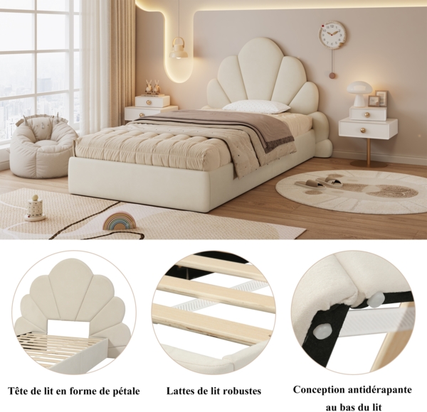 Polsterbett, Einzelbett mit geschwungenem Blütenblatt-Kopfteil einfach stilvoll und bequem modernes Bettgestell, Samt, Beige, 90x200cm Bild 7