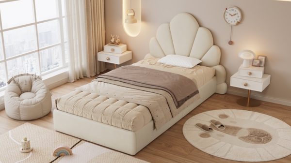 Polsterbett, Einzelbett mit geschwungenem Blütenblatt-Kopfteil einfach stilvoll und bequem modernes Bettgestell, Samt, Beige, 90x200cm Bild 9