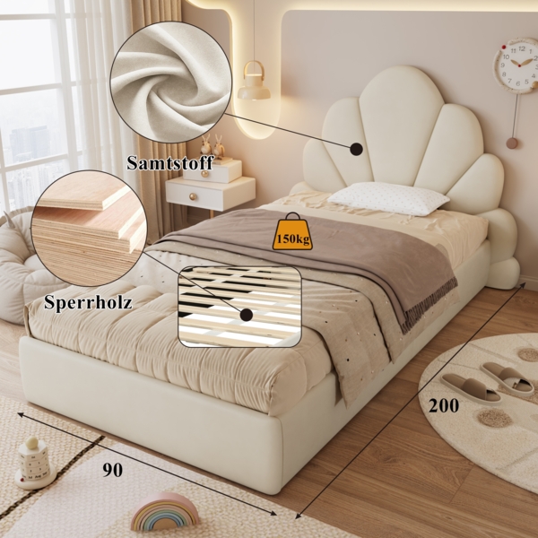 Polsterbett, Einzelbett mit geschwungenem Blütenblatt-Kopfteil einfach stilvoll und bequem modernes Bettgestell, Samt, Beige, 90x200cm Bild 4