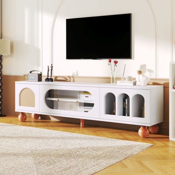 TV-Lowboard aus Spanplatte mit Glastür & Rattan-Optik, 170x47x37 cm, Weiß/Holzfarbe