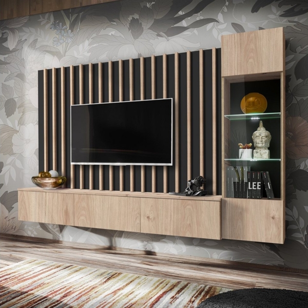 Lomadox Wohnwand VENOSA-164, Anbauwand 220cm, schwarz mit Kastanienholzoptik, Lamellen-Paneel