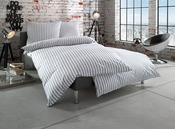 Bettwaesche-mit-Stil 'Oslo' Bettwäsche, Mako-Batist, Grau, 200x200 cm + 2x 80x80 cm, Streifen