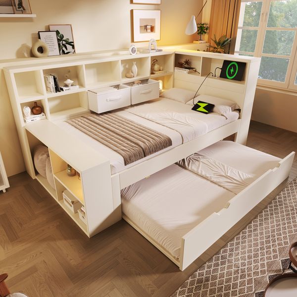 Einzelbett 90x200 in Weiß, Stauraumbett mit Ausziehbett, 3-seitigen Ablagen & integriertem USB-/Type-C-Laden – Funktionales Bett fürs Kinder- & Jugendzimmer, ohne Matratze