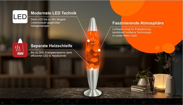 BLULAXA LED Lavalampe BLULAXA LED-Lava-Tischleuchte, 49985, 25W, 40 cm, weiß/orange