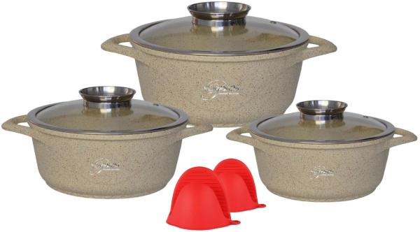 Kochgeschirr 6 teilig Topf Induktion Alu Guss ø 20-28cm Topf Kochtopfset mit Silikongriffe Aluminium Guss Beige