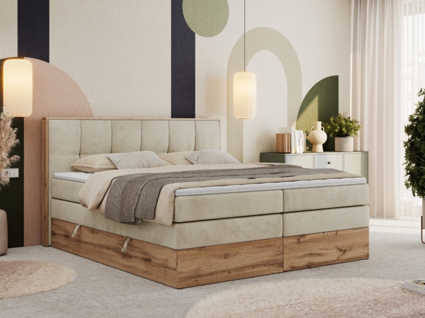 Boxspringbett, Doppelbett mit zwei 7 Härtezonen Multipocket-Matratzen, Bettkästen, Eiche Wotan Holzrahmen, Polsterbett mit Topper-Matratze - ALBERO 1 KING - 160 x 200 cm - Beige Velours - H4