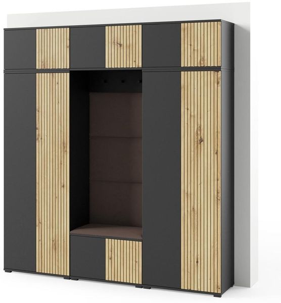 Garderoben-Set Rosario Version 4 mit Lamellen, Kleiderschrank mit Polsterplatten und Schuhschrank (Schwarz / Eiche Artisan, Trinity 08), 225 x 40 x 210 cm