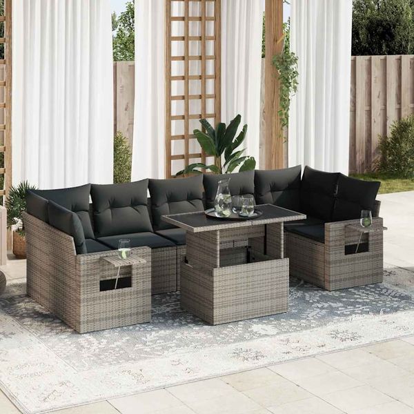 vidaXL 8-tlg. Garten-Sofagarnitur mit Kissen Grau Poly Rattan 3326441