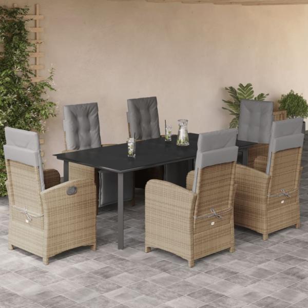 vidaXL 7-tlg. Garten-Essgruppe mit Kissen Beige Poly Rattan 3212596