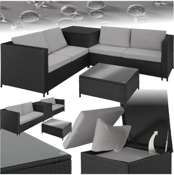tectake Loungeset Rattan Sitzgruppe inkl. großer Aufbewahrungsbox, für 4 Personen, (Gartenlounge-set Siena, 5-tlg, geeignet für Outdoor in Schwarz/Grau), widerstandsfähig und UV-beständig, Dicke der Sitzpolster 8 cm