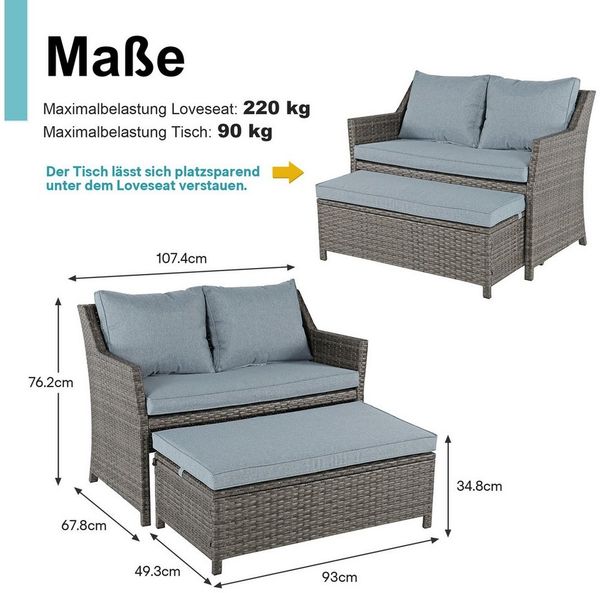 JOIVI Gartenbank 2-tlg Outdoor Rattan Gartenbank (Terrasse Loveseat mit Couchtisch, mit integriertem Staufach), grauem Rattan und grauen Kissen