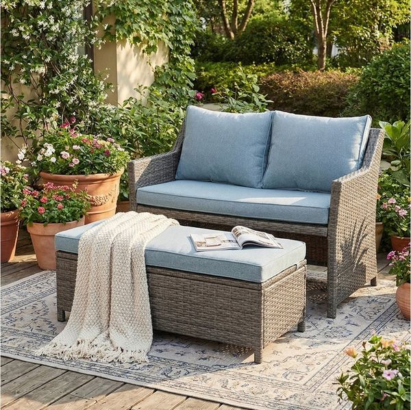 Sunsitt Gartenbank 2-tlg Outdoor Rattan Gartenbank (Terrasse Loveseat mit Couchtisch, mit integriertem Staufach), grauem Rattan und grauen Kissen