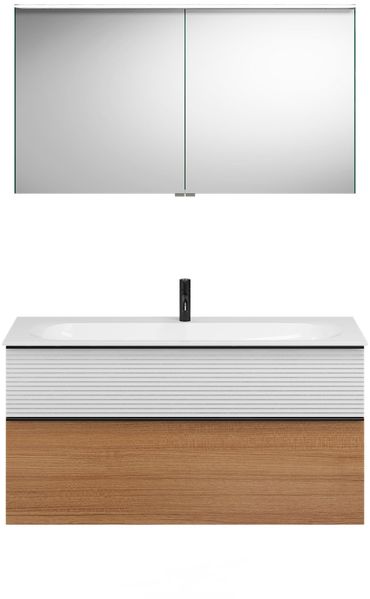 Burgbad FIUMO Waschtisch Set mit Spiegelschrank 122 cm breit, Weiß/Braun, Waschbecken Gussmarmor Weiß