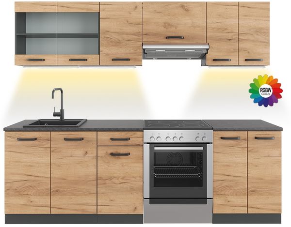 Küchenzeile Raul Goldkraft Eiche/Anthrazit 240 cm , AP Schwarz gemustert mit LED-Leisten Vicco