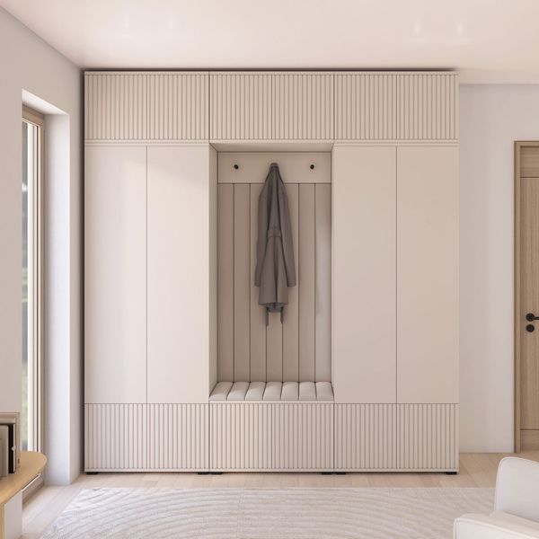 Garderoben-Set Ritmo version 3 – gefräste Kleiderschrank mit Polsterplatten, Schuhschrank, für Flur und Eingangsbereich (cashmere, Trinity 02), 225 x 40 x 210 cm, Beige