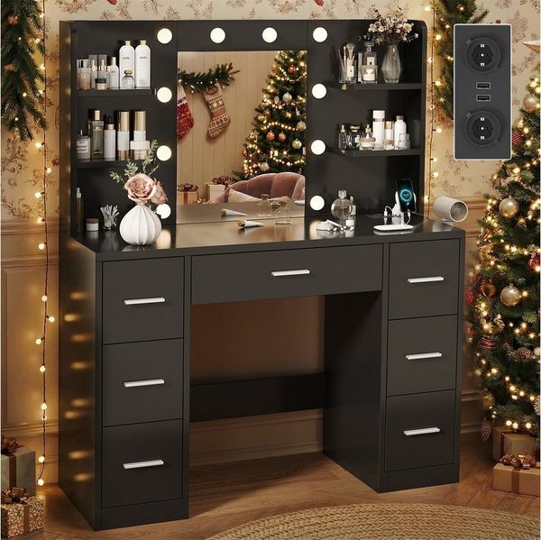 Furnicopia Schminktisch Schminktisch mit LED-Beleuchtung und Steckdosen (Abmessungen: 110 × 40 × 137 Zentimeter Ausstattung: 10 kugelförmige Leuchten mit einstellbarer Helligkeit, 7 Schubladen, 4 offene Staufächer, 1 USB- und 1 Typ-C-Ladeanschluss, 1 F...