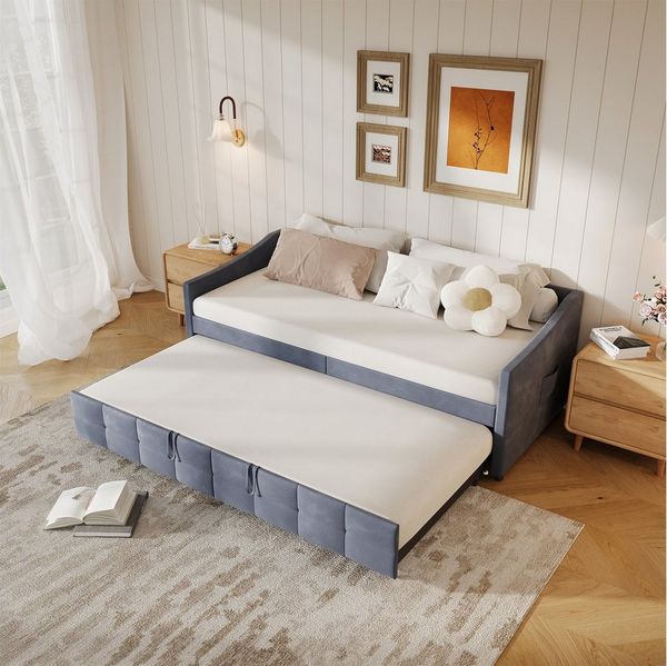 Gdood Polsterbett Tagesbett Daybett Ausziehbett (1-tlg), Schlafsofa, Mit Unterbett, zwei 90x200 cm, Lattenrost, Samt