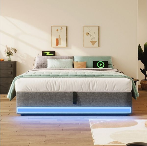 TavilaEcon Boxspringbett Polsterbett mit LED-Leiste, USB und Typ-C, Kein Kopfteil-Design, Hydraulische Speicherfunktion, Keine Matratze
