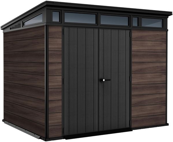 Keter Gartenhaus Signature 9x7, Gerätehaus Kunststoff in Rosenholz-Optik, 277 x 218 x 226 cm, abschließbar, mit Bodenplatte