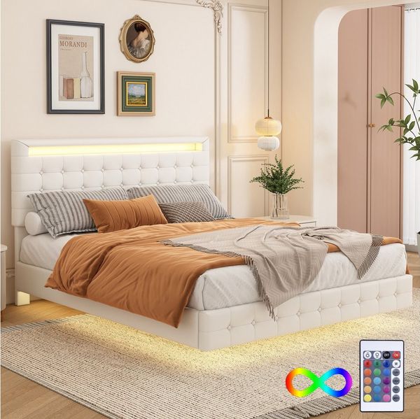Flieks Polsterbett, LED Doppelbett Schwebebett 140x200cm mit hochstellbarem Kopfteil