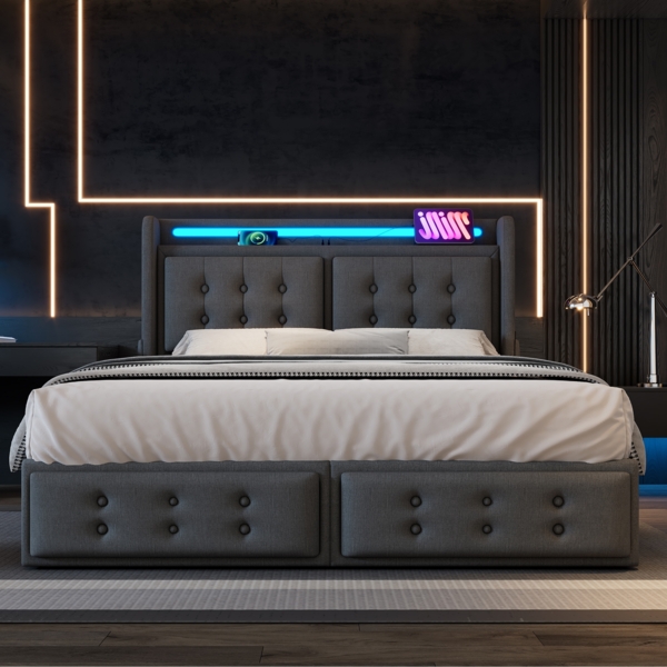 Polsterbett 160x200 cm mit Stauraum, LED-Beleuchtung und USB- und Type-C-Anschlüssen – Grau, Baumwoll-Leinen