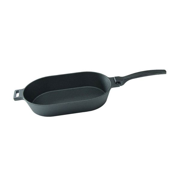 PROREGAL® Grillpfanne Gusseiserne Pfanne, oval mit abnehmbarem Griff, 36 x 19 cm