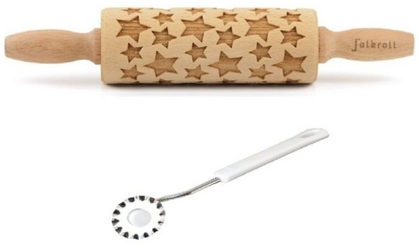 Folkroll Motiv Teigrolle Teigroller Sterne 23cm mit Teigrädchen 330524
