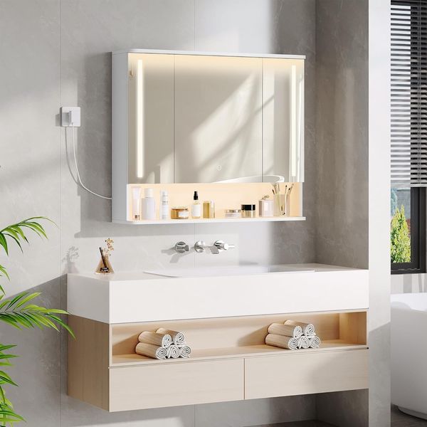 Spiegelschrank Bad mit LED-Beleuchtung, zusätzliche LED-Beleuchtung Oben und unten, 3 Farbtemperatur Dimmbare, Badspiegelschrank, Verstellbare Regal, 21 x 90 x 76 cm, Weiß
