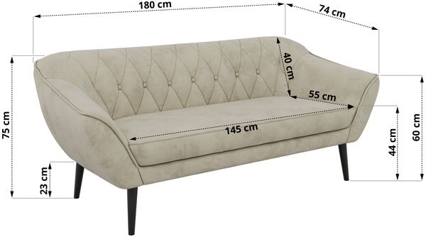 Sofa, Wohnzimmersofa PIRS 3, Skandinavisches Sofa 3-Sitzer, Sofa mit Wellenfederung, schwarze Füße, Breite 180 cm Hoher Sitzkomfort - Beige Velvet Bild 5