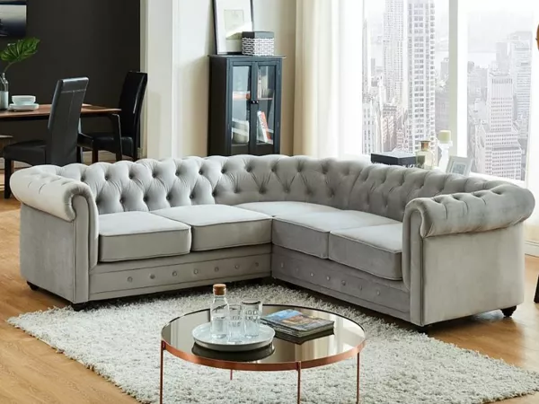 Vente-unique - Ecksofa - Samt - Hellgrau - CHESTERFIELD