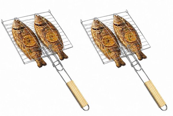 BAYLI Grillspieß Fischbräter 2er Set mit Holzgriff 23,5 x 23,5 cm – Fischkorb Grillkorb
