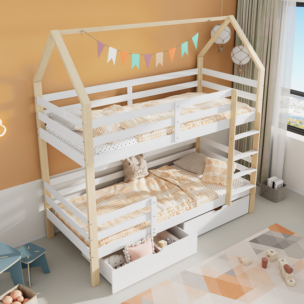 Etagenbett Liegefläche 90x200 cm aus Kiefernholz mit Hausdesign, Rausfallschutz und großen Schubladen
