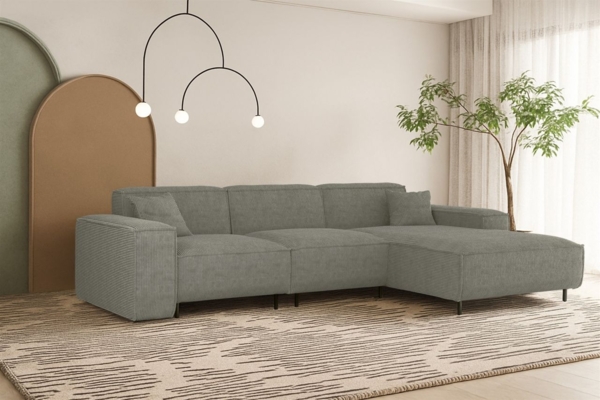 Ecksofa Designersofa GLORIA in Stoff Scala Grau Ottomane Rechts