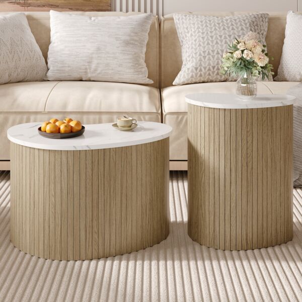 Couchtisch-Set aus 2, MDF mit Marmor- & Holzoptik, 60x37x38 cm + 40x25x50 cm, Natur/Weiß