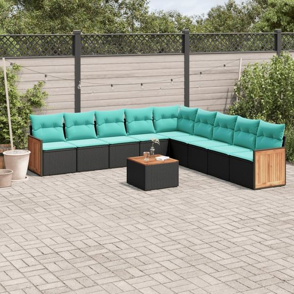 vidaXL 10-teiliges Gartensofa-Set mit Kissen, schwarzes Polyrattan 3227744