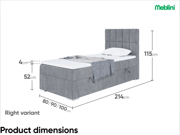 MEBLINI Boxspringbett LUKAS 90x200 cm mit Bettkasten - H4/Grau Samt Gepolstert Einzelbett mit Topper & Taschenfederkern-Matratze - 90x200 Rechts Bild 7