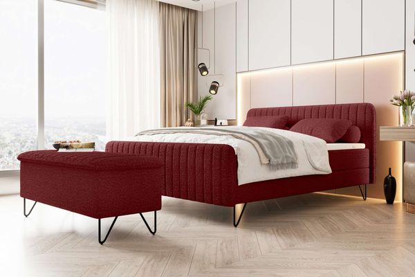 99rooms Lucio Boxspringbett mit Hocker Boucle-Stoff ANTHOLOGY Rot 160x200 cm