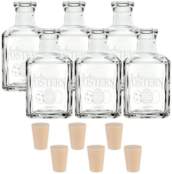 gouveo Trinkflasche 6 Glasflaschen 250 ml Cube mit Gravur Frohe Ostern und Korken (PEK), Oster-Motiv 2