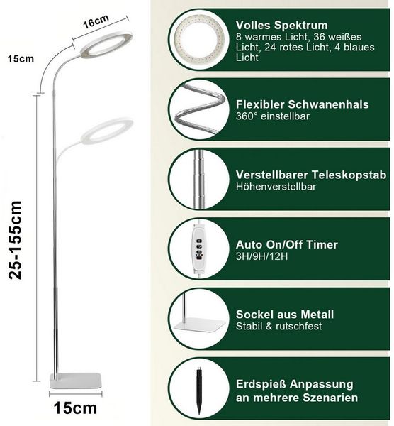 Sunicol Pflanzenlampe LED Vollspektrum, 3/9/12H Timer, 10 Helligkeit, Höhenverstellbar, LED, Grow Lampe mit Sockel und Erdspieß, Doppelter Zweck, 3 Licht-Modi