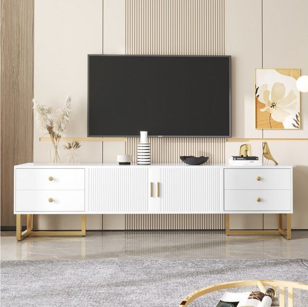 BlingBin TV-Schrank Lowboard, TV-Board, Fernsehtisch für 70-79 Zoll (1er Set, 1-St, niedriges Paneel mit strukturierter Tür) TV-Möbel mit Schubladen, goldenen Griffen und Goldenen Füßen