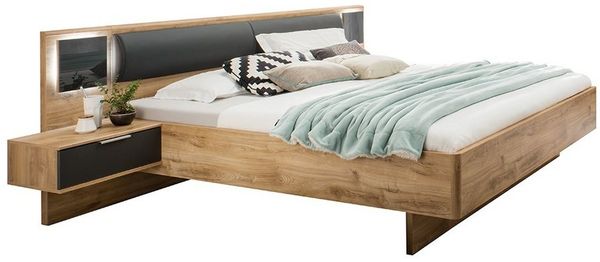 Lomadox Bett VIESTE-43, Bettanlage 180x200cm mit Nachttischen, Beleuchtung, graphit mit Eiche