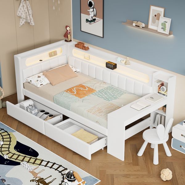 Tagesbett 90x200 mit LED, USB und Schreibtisch, Multifunktionsbett mit 2 Schubladen, Leinenrücken, für Jugendliche, weiß