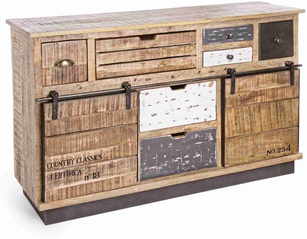 Sideboard Tudor aus Mangoholz, skandinavischer Stil, natur, 125 cm breit, mit Schiebetüren und 7 Schubladen