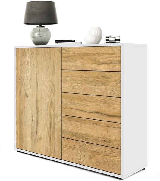 Vladon Sideboard Ben V2, Kommode mit 1 Tür und 5 Schubladen, Weiß matt/Eiche Natur (79 x 74 x 36 cm)