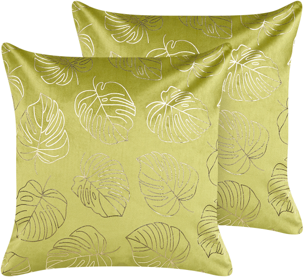 Kissen 2er Set MONSTERA Samtstoff 45 x 45 cm Pflanzenmuster Hellgrün