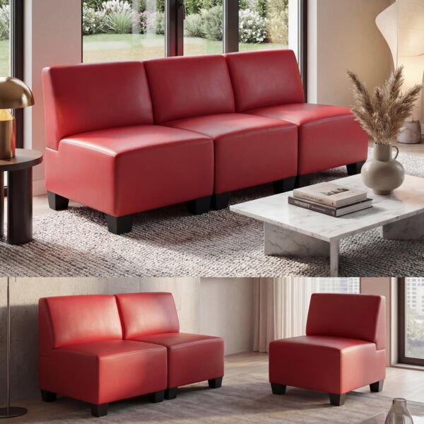 Modular 3-Sitzer Sofa Couch Lyon, Kunstleder ~ rot, ohne Armlehnen