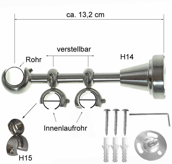 BASIT Gardinenstange Rohr und Innenlauf 16 mm mit Wandträgern 120 cm E24, Ø 16 mm, 3-läufig, verschraubt, Metall, H14 RI 120 cm E24 Flamme