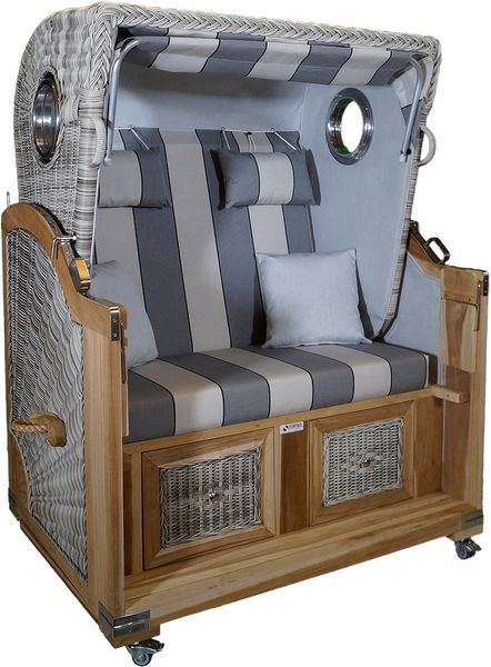 Strandkorb Teak grau schwarz / cremeweiß Stoff 2 Sitzer Voll-Liegemodell